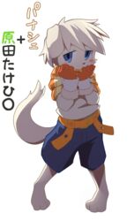  2017 ambiguous_gender anthro bandai_namco blue_eyes blush canid canine canis domestic_dog japanese_text looking_at_viewer mammal manmosu_marimo panashe_(summon_night) simple_background solo summon_night text translation_request white_background young young_anthro 