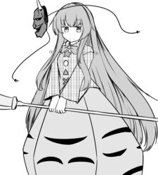  blush bubble_skirt collared_shirt commentary_request female ganmaganmo greyscale hata_no_kokoro highres light_frown long_hair long_skirt looking_away looking_down mask mask_on_head monochrome naginata oni_mask plaid polearm shirt shy skirt solo touhou unmoving_pattern very_long_hair weapon 