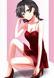  bad_id bad_pixiv_id black_hair blush breasts cleavage collarbone dress female high_heels highres ka1se1 long_hair looking_at_viewer photoshop_(medium) purple_eyes red_dress red_footwear shoes simple_background smile solo yahari_ore_no_seishun_lovecome_wa_machigatteiru. yukinoshita_haruno 