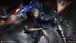  1boy bad_id bad_pixiv_id black_gloves blood blue_coat blue_eyes coat commentary devil_breaker devil_may_cry_(series) devil_may_cry_5 english_commentary fingerless_gloves g-tz gloves grey_hair grey_pants highres holding holding_sword holding_weapon hood hood_down hooded_coat male_focus mechanical_arms nero_(devil_may_cry) open_clothes open_coat pants photoshop_(medium) prosthesis prosthetic_arm red_queen_(sword) road_sign short_hair sign single_glove single_mechanical_arm solo sword very_short_hair weapon 