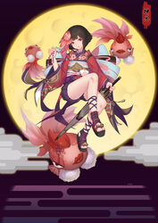  absurdres ankle_lace-up anklet bell black_hair black_shorts chinese_commentary cloud commentary_request cross-laced_footwear female fish fish_hair_ornament floating floral_print full_moon goldfish hair_ornament highres japanese_clothes jewelry jingle_bell kagura_(onmyoji) kimono layered_clothes lips looking_at_viewer moon night obi oil-paper_umbrella onmyoji onmyouji photoshop_(medium) red_eyes red_kimono sandals sash short_hair shorts tassel umbrella wide_sleeves zxj 