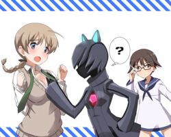  3girls ? bespectacled blonde_hair blue_eyes bra breasts brown_eyes brown_hair collarbone commentary_request glasses grabbing grabbing_another&#039;s_breast kaneko_(novram58) lynette_bishop medium_breasts military military_uniform miyafuji_yoshika multiple_girls neuroi neuroi_girl open_mouth strike_witches sweatdrop thought_bubble underwear uniform world_witches_series yuri 