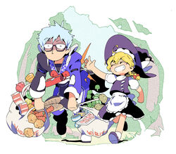  1boy absurdres apron ass_smack bag bell_pepper black_skirt black_vest blonde_hair blue_hair blush_stickers bottle bow braid bread broccoli can carrot commentary_request female food forest glasses green_pepper grin hair_ribbon hairbow hat height_difference highres kirisame_marisa leaning_forward long_sleeves meat milk_carton morichika_rinnosuke moyazou_(kitaguni_moyashi_seizoujo) nature no_mouth onion orange_pepper outdoors potato pouch puffy_short_sleeves puffy_sleeves red_bow red_pepper ribbon semi-rimless_eyewear shopping_bag short_sleeves side_braid single_braid skirt smile surprised touhou tress_ribbon under-rim_eyewear vest waist_apron white_background witch_hat yellow_pepper 