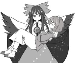  2girls :o bird_wings blouse blush bow cape carrying collared_shirt commentary_request eyeball ganmaganmo greyscale hairband hairbow heart komeiji_satori large_bow long_hair long_skirt monochrome multiple_girls princess_carry reiuji_utsuho shirt short_hair skirt slippers smile sparkle sweat third_eye touhou v-shaped_eyebrows wings 