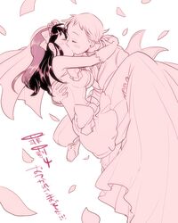  1boy bare_shoulders bridal_veil carrying commentary_request couple diane_(nanatsu_no_taizai) dress elbow_gloves female gloves king_(nanatsu_no_taizai) kissing monochrome nanatsu_no_taizai ni-si_(nisi_kun) petals princess_carry straight translated veil wedding_dress 