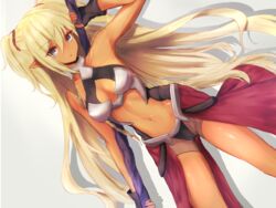  arm_up armor armpits bike_shorts bikini_armor black_gloves blonde_hair blue_eyes braid breasts cameltoe cleavage commentary_request dark-skinned_female dark_skin edelgard_(isekai_maou) female fingerless_gloves gloves highres isekai_maou_to_shoukan_shoujo_no_dorei_majutsu long_hair navel pointy_ears polearm see-through short_shorts shorts showgirl_skirt solo two_side_up waist_cape weapon yurya_v_orlov 