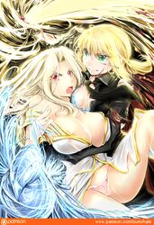  2girls areola_slip artoria_pendragon_(fate) aura blonde_hair blood blood_on_clothes blood_stain bra breasts cleavage commentary_request fate/zero fate_(series) irisviel_von_einzbern looking_at_viewer multiple_girls necktie panties saber_(fate) torn_clothes underwear yuriwhale 