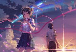  1boy black_hair closed_eyes commentary_request crying diffraction_spikes female hair_ribbon highres kimi_no_na_wa. miyamizu_mitsuha p_shiki ribbon school_uniform short_hair sky tachibana_taki tears 