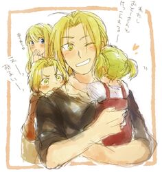  2boys 2girls ;d age_difference arms_around_neck black_shirt blonde_hair blue_eyes blush brother_and_sister carrying commentary_request couple dress edward_elric edward_elric&#039;s_daughter edward_elric&#039;s_son facing_away family father_and_daughter father_and_son fingernails frown fullmetal_alchemist hand_to_own_mouth happy heart lolicon looking_at_another mother_and_daughter mother_and_son multiple_boys multiple_girls one_eye_closed open_mouth red_dress shirt short_hair siblings simple_background smile spoilers straight translation_request tsukuda0310 twintails white_background white_shirt winry_rockbell yellow_eyes 