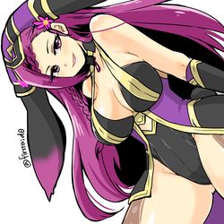  animal_ears bare_shoulders breasts cleavage commentary_request fake_animal_ears female fire_emblem fire_emblem_heroes flower hair_flower hair_ornament highleg highleg_leotard large_breasts leotard loki_(fire_emblem) loki_(spring)_(fire_emblem) long_hair parted_lips purple_eyes purple_hair rabbit_ears simple_background solo twitter_username white_background yukia_(firstaid0) 