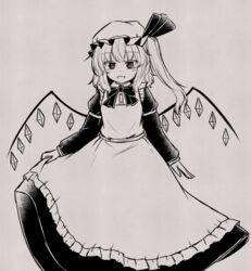  :d alternate_costume commentary_request curtsey dress female flandre_scarlet ganmaganmo grey_background greyscale hat juliet_sleeves long_sleeves looking_at_viewer mob_cap monochrome open_mouth puffy_sleeves short_hair side_ponytail skirt_hold slit_pupils smile solo touhou traditional_media wings 