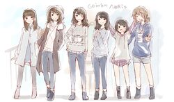  6+girls :d \o/ ^_^ akaneya_himika arms_up bag black_coat black_eyes black_footwear black_hair black_legwear blue_footwear blue_hoodie boots brown_footwear brown_hair closed_eyes clothes_writing coat commentary_request denim earphones grey_coat grey_headwear grey_hoodie grin group_name hand_on_own_hip hands_in_hair highres hood hood_down hoodie iris_(band) jeans kubota_miyu long_hair long_sleeves multiple_girls one_eye_closed open_mouth outstretched_arms own_hands_together pants pantyhose plaid plaid_shirt ponytail real_life serizawa_yuu shibuya_azuki shirt short_hair shorts shoulder_bag smile song_name standing striped_clothes striped_shorts sweater taneda_yuuta v voice_actor wakai_yuuki yamakita_saki 