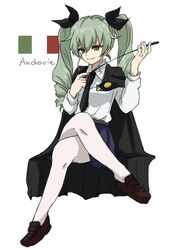  alpachiiino anchovy_(girls_und_panzer) anzio_school_uniform belt black_belt black_cape black_footwear black_necktie black_ribbon black_skirt cape character_name closed_mouth commentary crossed_legs dress_shirt drill_hair emblem female full_body girls_und_panzer green_hair hair_ribbon holding holding_riding_crop invisible_chair italian_flag loafers long_hair long_sleeves looking_at_viewer miniskirt necktie pantyhose pleated_skirt red_eyes ribbon riding_crop school_uniform shirt shoes simple_background sitting skirt smile solo twin_drills twintails white_background white_pantyhose white_shirt 