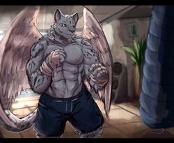  2017 abs anthro bandage biceps big_muscles bottomwear canid canine clothed clothing fd-caro felid fur grey_body grey_eyes grey_fur grey_nose hand_wraps kemono leopard male mammal muscular muscular_anthro muscular_male pantherine pecs shorts solo standing topless wings wraps 