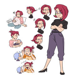  2boys alternate_costume alternate_hairstyle blue_hair eyeshadow female gen_1_pokemon gen_2_pokemon glasses green_earrings kiana_mai kojirou_(pokemon) makeup meowth mother_and_son multiple_boys musashi_(pokemon) peekaboo pregnant red_hair team_rocket wobbuffet 