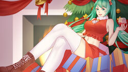  ang_(6107939) aqua_eyes aqua_hair bell boots breasts christmas christmas_ornaments christmas_tree commentary_request covered_nipples cross-laced_footwear crossed_legs cup drinking_glass female fireplace gift hatsune_miku highres lace-up_boots large_breasts long_hair midriff nail_polish navel smile thighhighs thighs twintails vocaloid white_legwear wine_glass 