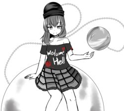  :d arm_support chains choker clothes_writing commentary_request earth_(ornament) female ganmaganmo heart hecatia_lapislazuli highres looking_at_viewer monochrome moon_(ornament) off-shoulder_shirt off_shoulder open_mouth plaid plaid_skirt shirt sitting sitting_on_object skirt smile solo splatter spot_color touhou 