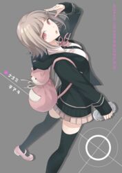  backpack bag bekkourico black_thighhighs bob_cut commentary_request danganronpa_(series) danganronpa_2:_goodbye_despair female flipped_hair hair_ornament hairclip handheld_game_console hood hoodie mary_janes nanami_chiaki open_mouth over-kneehighs pink_eyes pink_footwear pink_hair playstation_vita pleated_skirt school_uniform shoes short_hair skirt solo themed_object thighhighs 