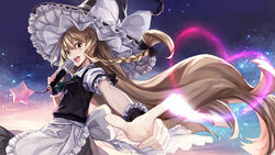  54cr apron black_hat black_ribbon black_skirt black_vest blonde_hair bow braid buttons collared_shirt commentary_request female foreshortening frilled_cuffs glowing gradient_sky hair_ribbon hat hat_bow heart holding holding_microphone index_finger_raised kirisame_marisa long_hair looking_at_viewer looking_to_the_side microphone night night_sky open_mouth photoshop_(medium) puffy_short_sleeves puffy_sleeves ribbon shirt short_sleeves shure_55sh side_braid single_braid skirt skirt_set sky solo star_(symbol) touhou tress_ribbon very_long_hair vest waist_apron white_bow white_shirt witch witch_hat wrist_cuffs yellow_eyes 