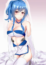  absurdres azur_lane bad_id bad_pixiv_id bed blue_hair blush breasts cleavage female gloves hair_ornament highres jewelry ka1se1 large_breasts long_hair looking_at_viewer on_bed photoshop_(medium) purple_eyes simple_background sitting smile solo st._louis_(azur_lane) thighhighs uniform white_gloves 