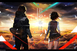  1boy black_hair cloud commentary_request copyright_name female kimi_no_na_wa. miyamizu_mitsuha ribbon school_uniform short_hair sky string string_of_fate tachibana_taki yukisaki_mayui 