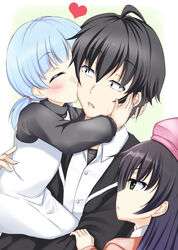  1boy 2girls black_eyes black_hair blue_hair blush breasts closed_eyes commentary_request green_eyes hat highres hikigaya_hachiman kawasaki_keika long_hair multiple_girls open_mouth photoshop_(medium) short_hair tsurumi_rumi yahari_ore_no_seishun_lovecome_wa_machigatteiru. yuu_(oosakazaijyuu) 