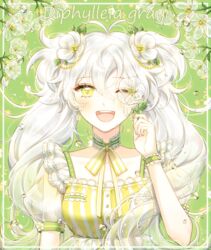  :d antenna_hair bad_id bad_pixiv_id blush border choker collarbone commentary commentary_typo dress earrings female floral_background flower flower_earrings flower_over_eye frills green_background green_eyes hair_between_eyes hair_flower hair_ornament hand_up highres holding holding_flower jewelry leaf_hair_ornament long_hair looking_at_viewer messy_hair neck_ribbon one_eye_closed open_mouth original pearl_hair_ornament personification puffy_short_sleeves puffy_sleeves ribbon see-through see-through_sleeves short_sleeves skeleton_flower_(plant) smile solo straight-on striped_clothes striped_dress striped_ribbon teeth translucent_hair transparent_flower ttori twintails upper_body upper_teeth_only vertical-striped_clothes vertical-striped_dress water_drop wet wet_hair white_border white_hair wrist_cuffs yellow_dress yellow_ribbon 