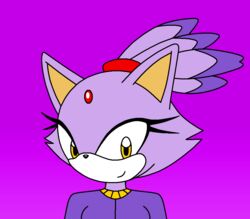  black_nose blaze_the_cat bust_portrait darkshadow digital_media_(artwork) domestic_cat eyelashes felid feline felis fur hair mammal pink_background portrait purple_body purple_ears purple_fur purple_hair sega simple_background smile smirk sonic_the_hedgehog_(series) yellow_eyes 