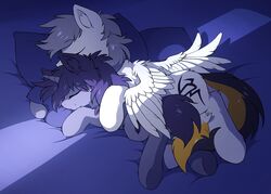  2016 bed cuddling cutie_mark duo equid equine fan_character feathered_wings feathers female feral furniture hair hasbro hioshiru horn kate_(hioshiru) kej_(kejifox) male male/female mammal my_little_pony mythological_creature mythological_equine mythology pegasus pillow sleeping unicorn wings 