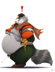  airborne_object anthro ass baseball_cap belly belly_overhang big_belly big_butt button_(fastener) button_pop cheese chubby_cheeks claws clothed clothing dairy_products dog_tags exclamation_point facial_markings food fur grey_body grey_fur hat head_markings headgear headwear hi_res holding_food holding_object jargonicedragon love_handles male mammal markings mask_(marking) melted_cheese midriff moobs obese obese_anthro obese_male overweight overweight_anthro overweight_male pizza poking procyonid raccoon ring_(marking) ringed_tail rocky_ramos scarf simple_background solo squish standing striped_markings striped_tail stripes tail tail_markings thick_thighs toe_claws unbuttoned wardrobe_malfunction white_background 