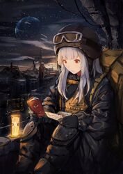  absurdres aviator_cap bad_id bad_pixiv_id black_gloves black_jacket black_legwear book city commentary_request dr_woodpecker female gloves goggles goggles_on_headwear highres jacket long_hair moon night night_sky original paper red_eyes sitting sky solo star_(sky) starry_sky white_hair 