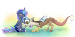  2:1 alicorn blue_body blue_feathers blue_fur blue_hair chimera closed_(disambiguation) cutie_mark discord_(mlp) draconequus duo equid equine eyelashes feathered_wings feathers female feral friendship_is_magic fur hair hasbro hi_res horn magnaluna male mammal my_little_pony mythological_creature mythological_equine mythology pregnant princess_luna_(mlp) simple_background smile tail tail_tuft tuft white_background white_hair wings 