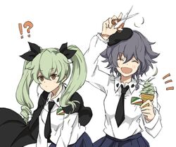  !? 2girls :d alpachiiino anchovy_(girls_und_panzer) anzio_school_uniform beret black_cape black_hair black_hat black_necktie black_ribbon black_skirt braid brown_eyes cape commentary_request cutting_hair dress_shirt drill_hair emblem facing_viewer girls_und_panzer green_hair hair_as_food hair_ribbon hat holding holding_scissors ice_cream_cone long_hair long_sleeves multiple_girls necktie notice_lines open_mouth pepperoni_(girls_und_panzer) pleated_skirt red_eyes ribbon school_uniform scissors severed_hair shirt short_hair side_braid simple_background skirt smile standing twin_drills twintails upper_body v-shaped_eyebrows white_background white_shirt 