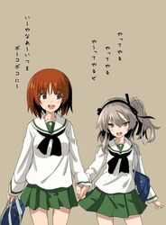  2girls alternate_costume bag black_neckerchief black_ribbon blouse blush boko_(girls_und_panzer) brown_background brown_eyes brown_hair carrying commentary cross girls_und_panzer green_skirt hair_ribbon holding holding_hands iwasaki_takashi light_brown_hair long_hair long_sleeves looking_at_viewer miniskirt multiple_girls music neckerchief nishizumi_miho one_side_up ooarai_school_uniform open_mouth pleated_skirt ribbon school_bag school_uniform serafuku shimada_arisu shirt short_hair simple_background singing single_stripe skirt smile standing white_shirt 