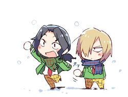  2boys :d aoyagi_hajime black_hair blonde_hair blue_scarf blush chibi commentary_request gloves green_gloves green_jacket green_scarf hair_over_one_eye holding jacket long_hair long_sleeves male_focus multiple_boys necktie open_mouth pants ponytail red_necktie sanpaku scarf smile snow snowball snowing standing standing_on_one_leg taneda_yuuta teshima_junta v-shaped_eyebrows winter yellow_pants yowamushi_pedal 