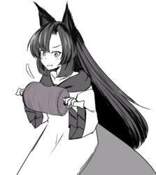  ^^^ animal_ears blush boned_meat commentary_request d: dress eating female food ganmaganmo greyscale imaizumi_kagerou long_dress long_hair long_sleeves looking_at_viewer meat monochrome oerba_yun_fang open_mouth slit_pupils solo surprised sweat touhou tsurime v-shaped_eyebrows very_long_hair wolf_ears 