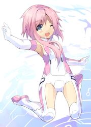  absurdres bare_shoulders blue_eyes blush breasts commentary_request covered_navel elbow_gloves female full_body gloves highres jumping long_hair looking_at_viewer neptune_(series) normaland one_eye_closed open_mouth pink_hair power_symbol power_symbol-shaped_pupils short_hair_with_long_locks single_sidelock small_breasts smile solo symbol-shaped_pupils white_sister_ram 