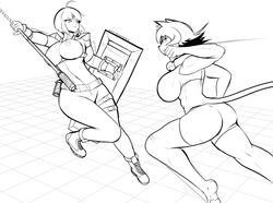  abs action_pose anthro ass barefoot bell big_breasts big_butt bottomwear bra breasts clothing duo feet felid female fight huge_breasts huge_butt human kemono mammal midriff monochrome pantherine pawpads pose rear_view saffron_(safurantora) safurantora shield shorts sports_bra staff tiger tight_clothing underwear 