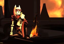  2017 anthro armor biped black_nose bone campfire canid canine canis castle clementine_ravenheart clothed clothing dark_souls detailed_background digital_media_(artwork) digital_painting_(artwork) dirtyscoundrel ears_up fire fromsoftware fully_clothed fur green_eyes highlights_(coloring) kneeling light male mammal melee_weapon multicolored_clothing orange_sky outside red_clothing red_highlights red_topwear shadow signature skull sky snout solo sword topwear weapon white_body white_ears white_fur wolf 