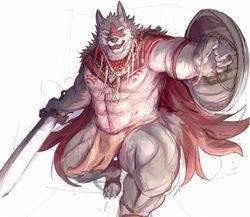  2018 abs anthro biceps blue_eyes bottomwear canid canine canis cape clothed clothing digital_media_(artwork) eyvind facial_markings fd-caro fur grey_body grey_fur head_markings hi_res jewelry loincloth male mammal markings melee_weapon muscular muscular_anthro muscular_male necklace nipples open_mouth pecs shield simple_background solo sword tattoo tavern_of_spear teeth tongue weapon white_background wolf 