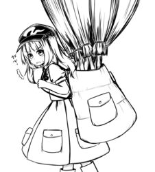  :o ^^^ backpack bag broom cabbie_hat commentary_request female ganmaganmo greyscale hair_bobbles hair_ornament hat highres kawashiro_nitori looking_at_viewer monochrome pocket short_hair short_hair_with_long_locks skirt solo surprised sweat touhou translated two_side_up v-shaped_eyebrows 