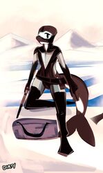  2017 anthro bag biped black_clothing black_eyes brown_body brown_skin brown_tail cetacean clothed clothing detailed_background digital_media_(artwork) digital_painting_(artwork) dirtyscoundrel duffel_bag fin front_view gun hi_res holding_gun holding_object holding_ranged_weapon holding_weapon latex male mammal marine multicolored_body multicolored_skin ranged_weapon signature solo swimming_fins tail tail_fin two_tone_body two_tone_skin weapon white_body white_skin 