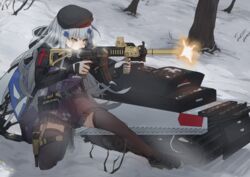  assault_rifle beret commentary_request female firing girls&#039;_frontline gloves green_eyes grey_hair gun h&amp;k_hk416 hat heckler_&amp;_koch highres hk416_(girls&#039;_frontline) holding holding_gun holding_weapon holstered long_hair on_one_knee outdoors rifle rlin snow snowmobile solo suppressor thighhighs weapon winter 