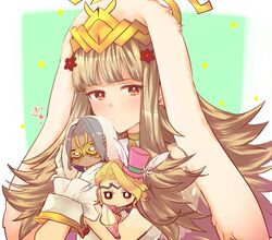  2boys animal_ears blonde_hair brother_and_sister circlet closed_mouth commentary_request dark-skinned_male dark_skin fake_animal_ears female fire_emblem fire_emblem_fates fire_emblem_heroes gloves grey_hair hair_ornament hat holding long_hair mask multiple_boys mysterious_man_(fire_emblem) rabbit_ears red_eyes short_hair siblings simple_background sou_mei top_hat upper_body veronica_(fire_emblem) veronica_(spring)_(fire_emblem) white_gloves xander_(fire_emblem) xander_(spring)_(fire_emblem) 