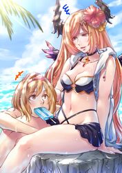  +++ 2girls bad_id bad_twitter_id beach bikini blonde_hair blush breasts commentary_request dark_angel_olivia day djeeta_(granblue_fantasy) flower food gold_trim granblue_fantasy hair_flower hair_ornament hairband headpat highres hood hoodie horns long_hair looking_at_another medium_breasts multiple_girls navel ocean olivia_(summer)_(granblue_fantasy) outdoors popsicle red_eyes smile squiggle swimsuit tori_udon very_long_hair wet wings yellow_eyes 