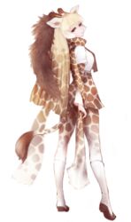  animal_ear_fluff animal_ears animal_print black_necktie blonde_hair blunt_bangs boots brown_hair commentary_request eyebrows female from_behind full_body giraffe_ears giraffe_horns giraffe_print giraffe_tail high-waist_skirt horns ise_(0425) kemono_friends knee_boots legs_apart long_hair looking_at_viewer looking_back multicolored_hair necktie pantyhose ponytail print_pantyhose print_scarf print_skirt print_sleeves reticulated_giraffe_(kemono_friends) scarf shirt simple_background skirt solo standing tail very_long_hair white_background white_footwear white_shirt 