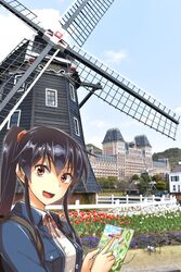  :d abo_(hechouchou) absurdres black_hair blue_jacket building collared_shirt commentary_request female fence flower garden hair_ribbon highres holding holding_map huis_ten_bosch jacket kantai_collection long_hair looking_at_viewer map nagasaki neck_ribbon open_mouth outdoors palace photo_background ponytail post_and_rail_fence red_eyes red_ribbon ribbon shirt sidelocks smile solo tulip upper_body white_shirt windmill wooden_fence yahagi_(kancolle) 