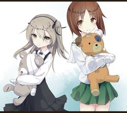  2girls bandages bandaid black_bow black_bowtie black_ribbon black_skirt blouse boko_(girls_und_panzer) bow bowtie brown_eyes brown_hair casual closed_mouth collared_shirt commentary girls_und_panzer green_skirt hair_ribbon high-waist_skirt holding holding_stuffed_toy layered_skirt letterboxed light_brown_hair long_hair long_sleeves looking_at_viewer medium_skirt miniskirt multiple_girls nishizumi_miho one_side_up ooarai_school_uniform pleated_skirt ribbon scar school_uniform serafuku shimada_arisu shirt short_hair skirt smile standing stuffed_animal stuffed_toy suspender_skirt suspenders teddy_bear tenrai white_shirt 