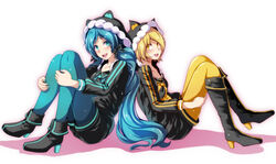  2girls :d animal_ears animal_hood back-to-back black_bow black_footwear black_sweater blonde_hair blue_hair blue_legwear blue_nails blush boots bow cat_ears cat_hood collarbone commentary fake_animal_ears full_body green_ponpoko_(module) hairbow hatsune_miku high_heel_boots high_heels hood kagamine_rin knee_boots kunoichi_demo_koi_ga_shitai_(vocaloid) long_hair long_sleeves looking_at_viewer multiple_girls nail_polish open_mouth orange_konkon_(module) pantyhose parted_bangs photoshop_(medium) project_diva_(series) short_hair simple_background sitting smile sweater tsukishiro_saika twintails very_long_hair vocaloid white_background yellow_eyes yellow_legwear 