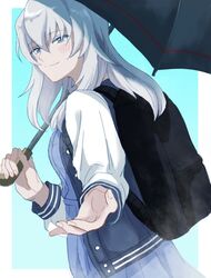  alpachiiino aqua_background backpack bag black_umbrella blue_dress blue_eyes blue_jacket blush casual closed_mouth commentary dress female from_side girls_und_panzer grey_hair holding holding_umbrella itsumi_erika jacket letterman_jacket light_smile long_hair looking_at_viewer looking_back open_clothes open_jacket outside_border protected_link reaching reaching_towards_viewer solo standing umbrella upper_body 